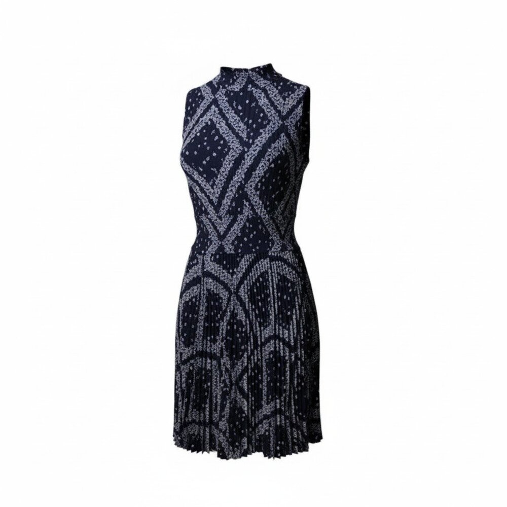 Nanette Lepore Navy Pleated Midi Dress Sz 12 Geometric Sleeveless Fit Flare